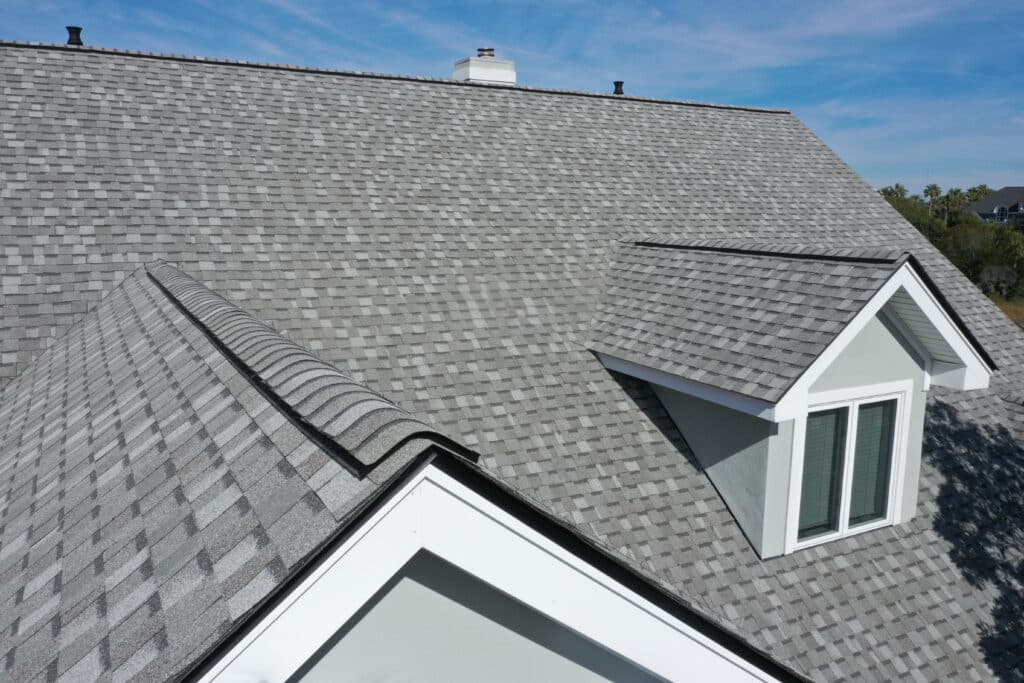 New roofing installed on a new house. Its a grey color roof